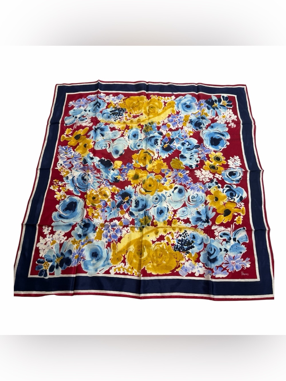 VTG Vera Neumann Silk Burgundy Floral Scarf. Hand Rolled. From Japan.